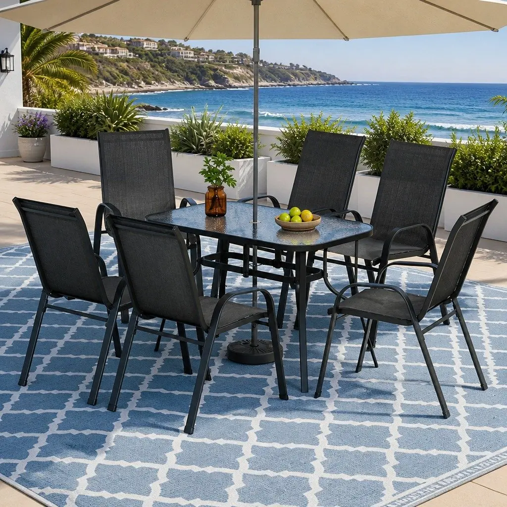 7 Piece Outdoor Dining Set Black Glass Table Stackable Chairs Weather Resistant