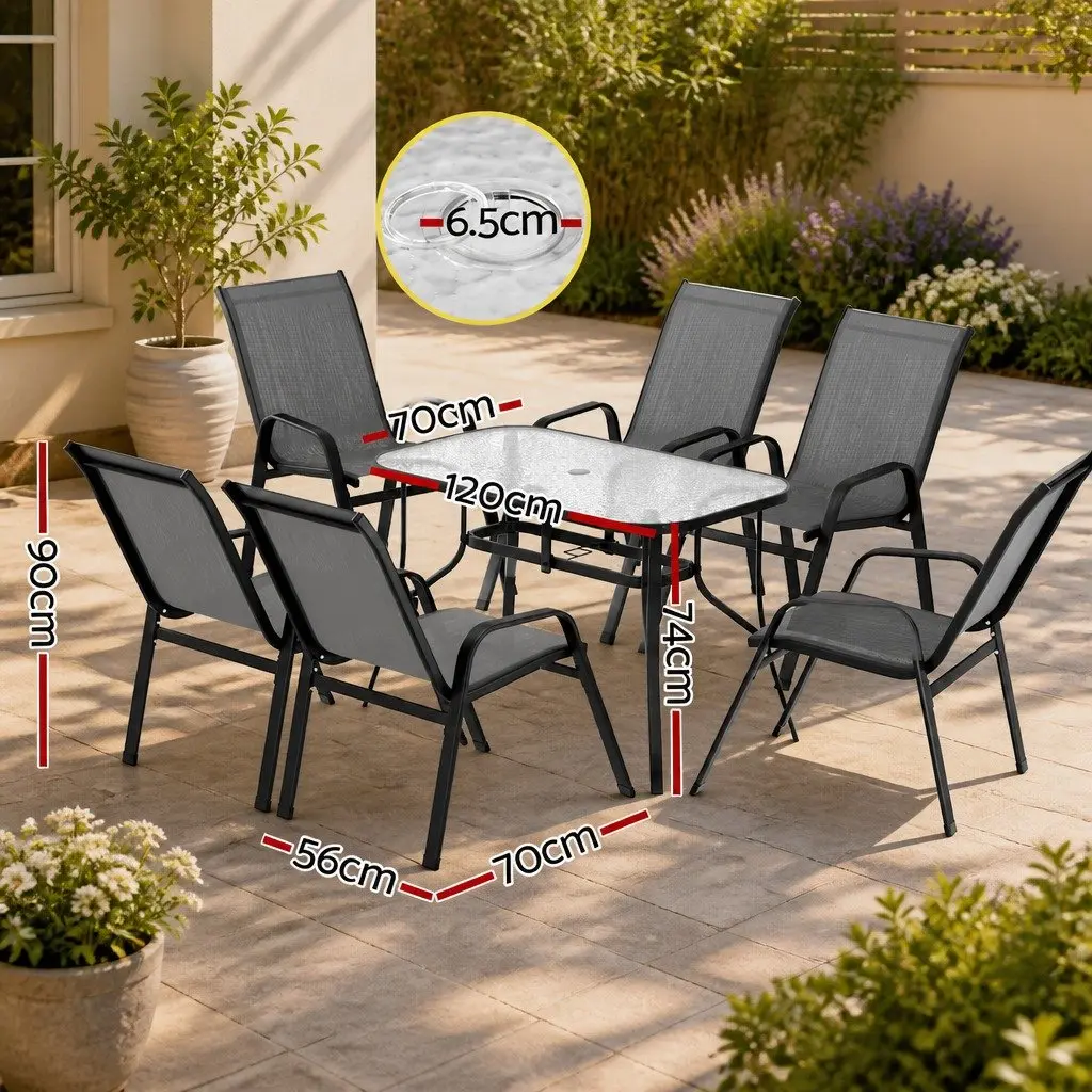 7 Piece Outdoor Dining Set Grey Black Tempered Glass Table Stackable Chairs
