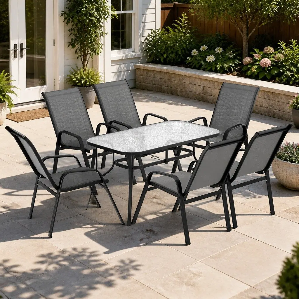 7 Piece Outdoor Dining Set Grey Black Tempered Glass Table Stackable Chairs
