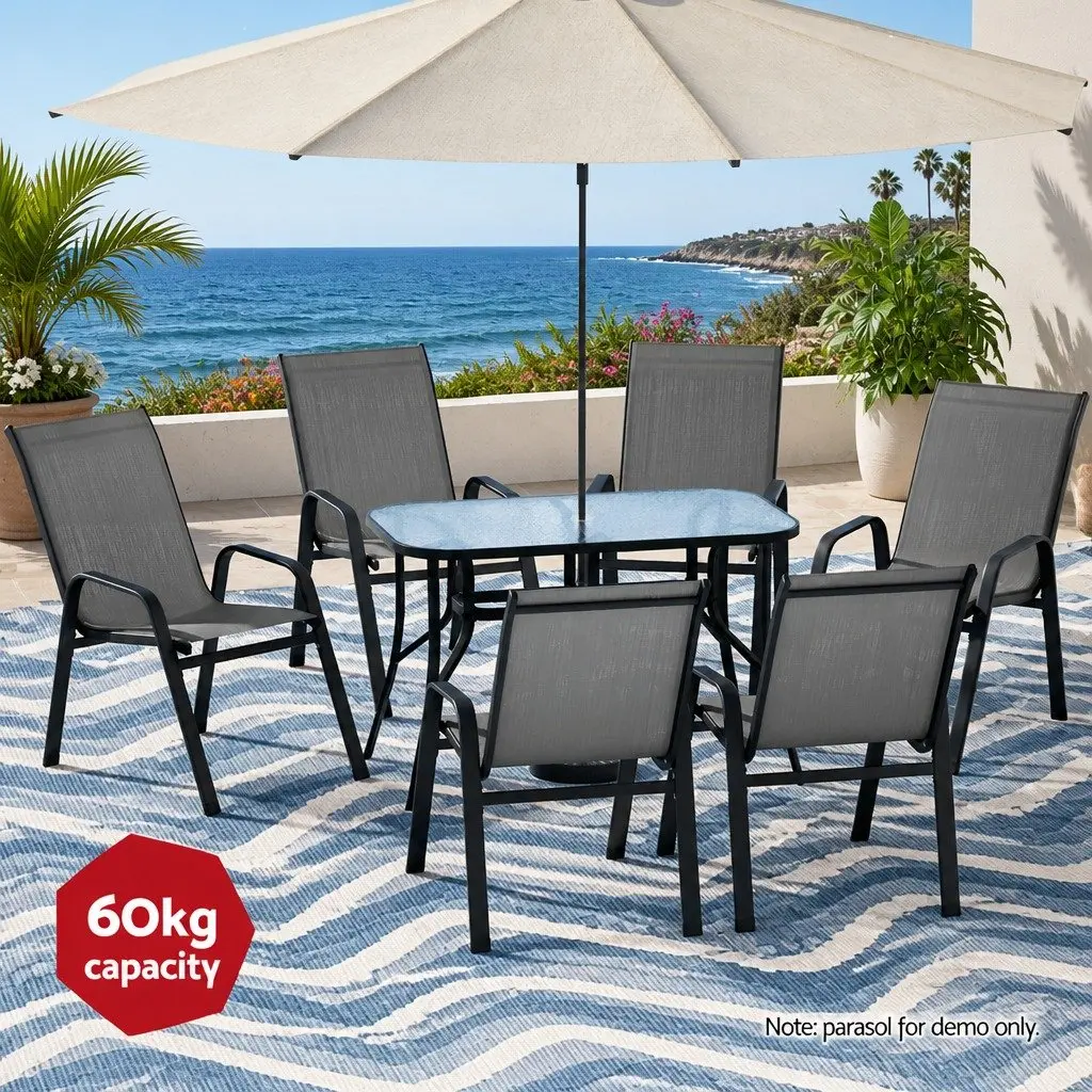 7 Piece Outdoor Dining Set Grey Black Tempered Glass Table Stackable Chairs