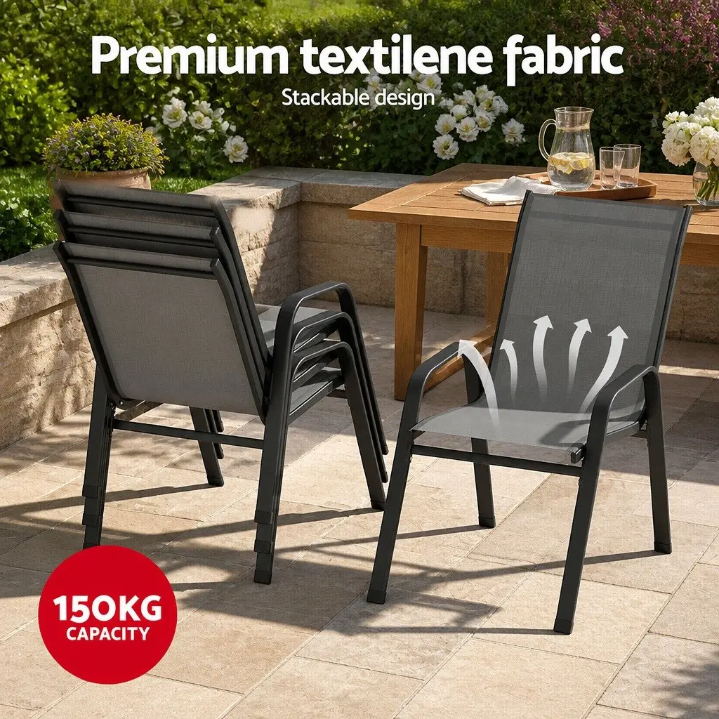 7 Piece Outdoor Dining Set Grey Black Tempered Glass Table Stackable Chairs