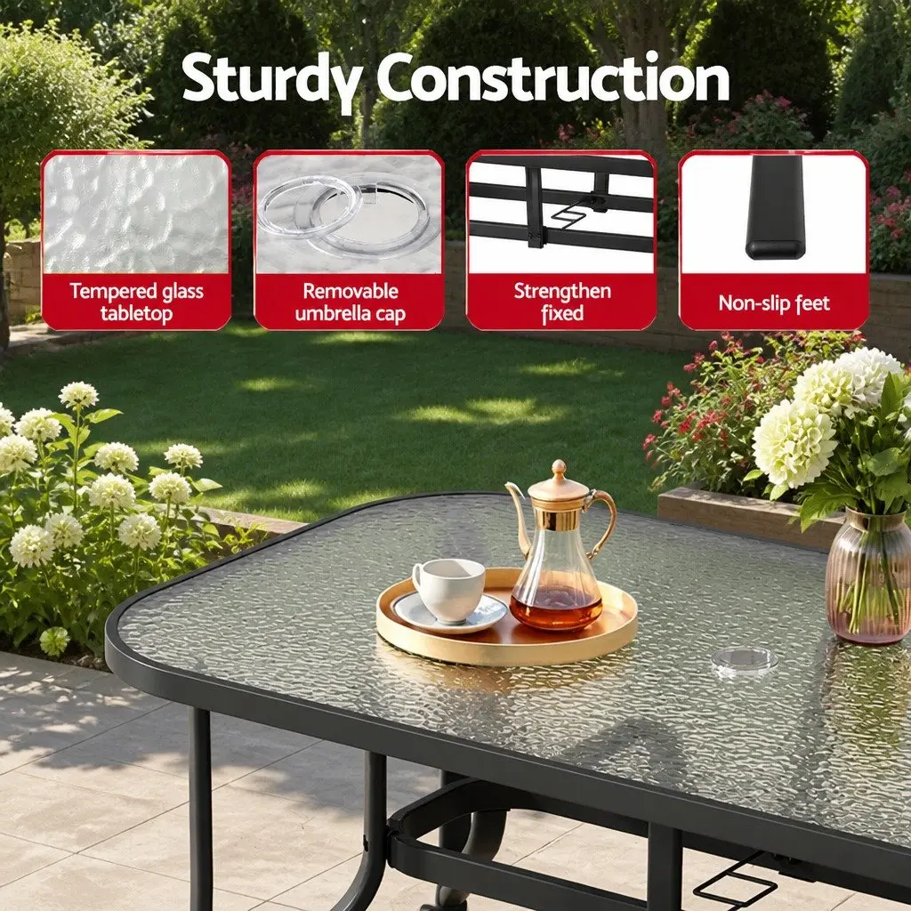 7 Piece Outdoor Dining Set Grey Black Tempered Glass Table Stackable Chairs