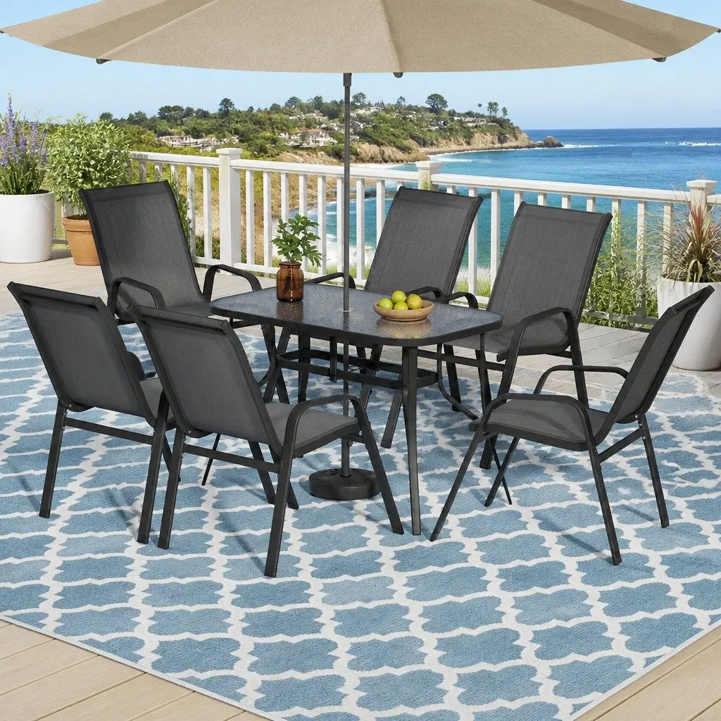 7 Piece Outdoor Dining Set Grey Black Tempered Glass Table Stackable Chairs