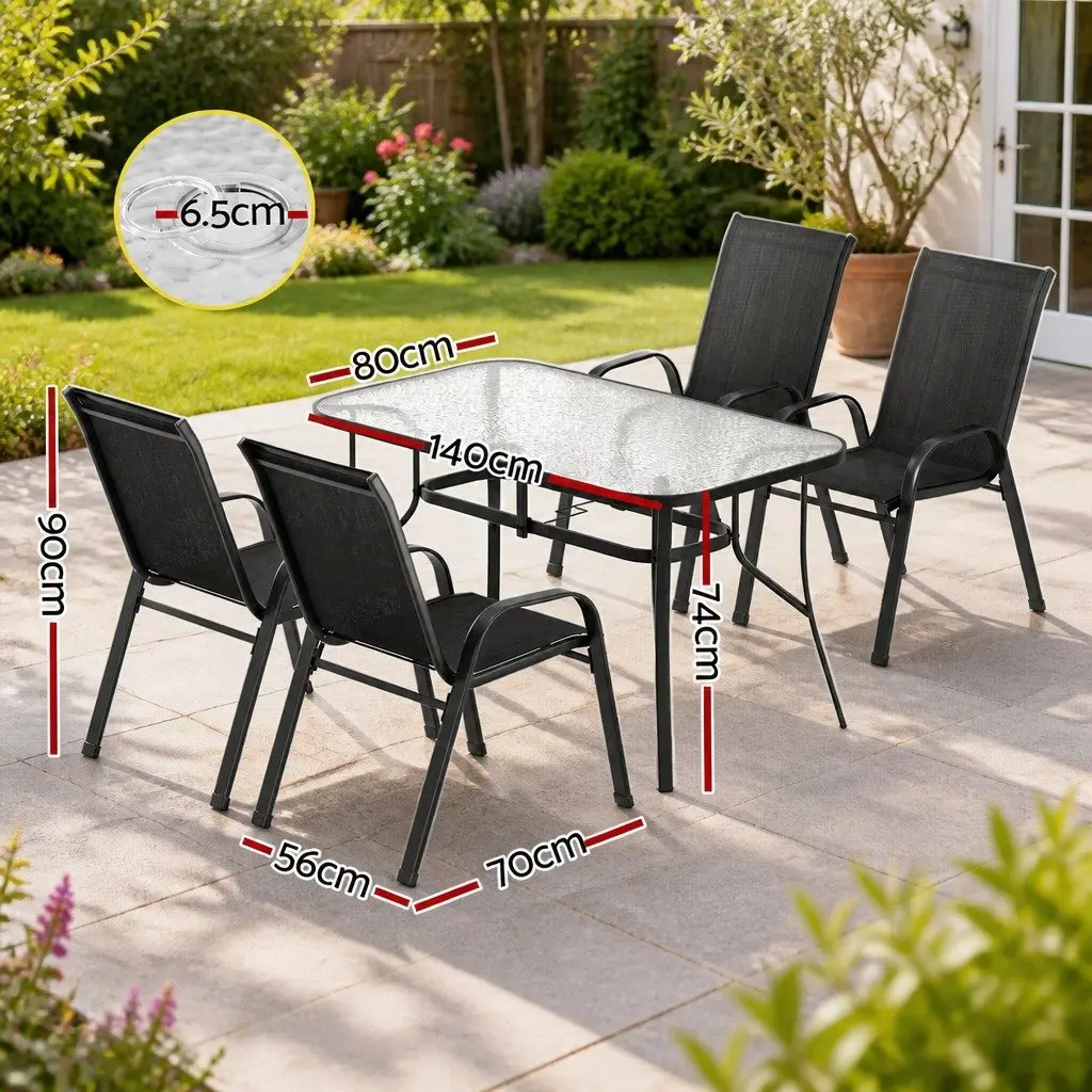 5 Piece Dining Set Outdoor Black Stackable Chairs Tempered Glass Table Steel Frame