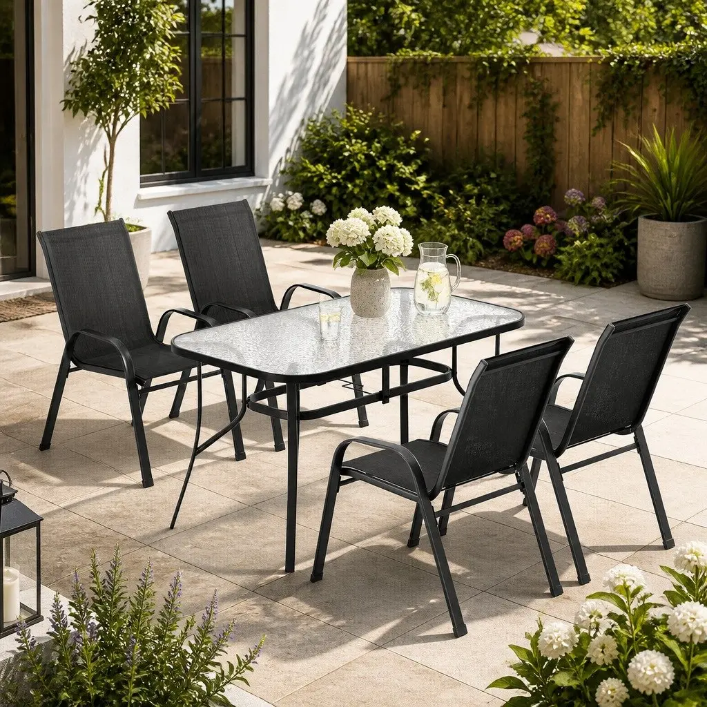 5 Piece Dining Set Outdoor Black Stackable Chairs Tempered Glass Table Steel Frame