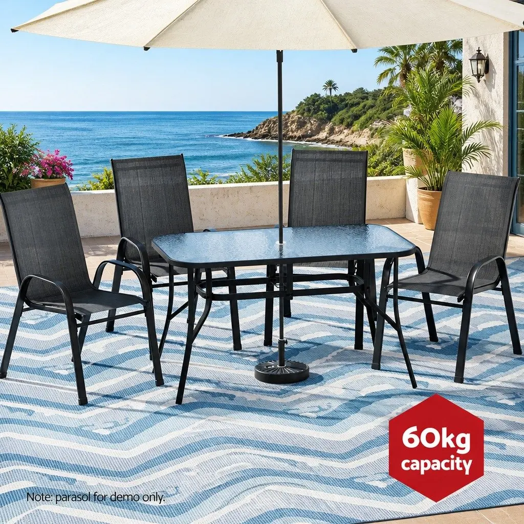 5 Piece Dining Set Outdoor Black Stackable Chairs Tempered Glass Table Steel Frame