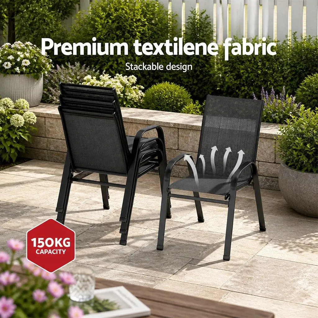 5 Piece Dining Set Outdoor Black Stackable Chairs Tempered Glass Table Steel Frame