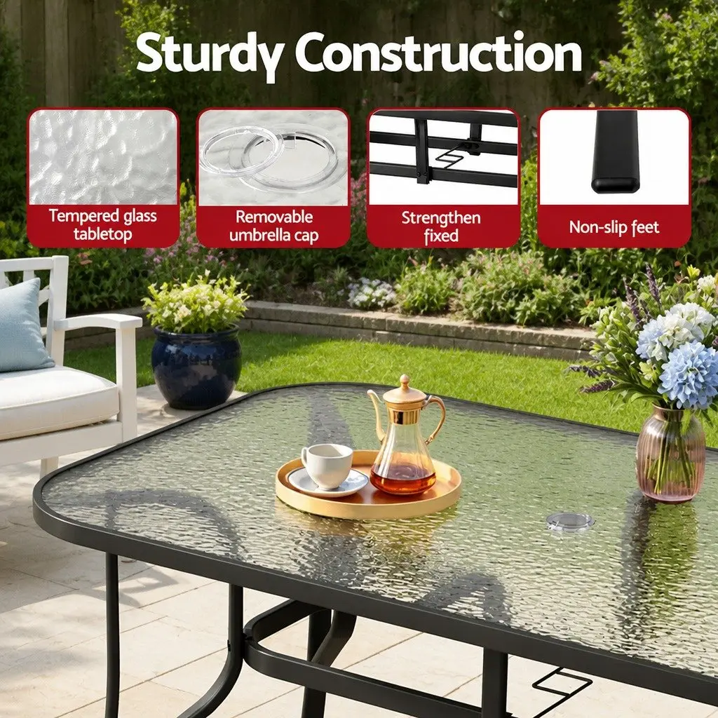 5 Piece Dining Set Outdoor Black Stackable Chairs Tempered Glass Table Steel Frame