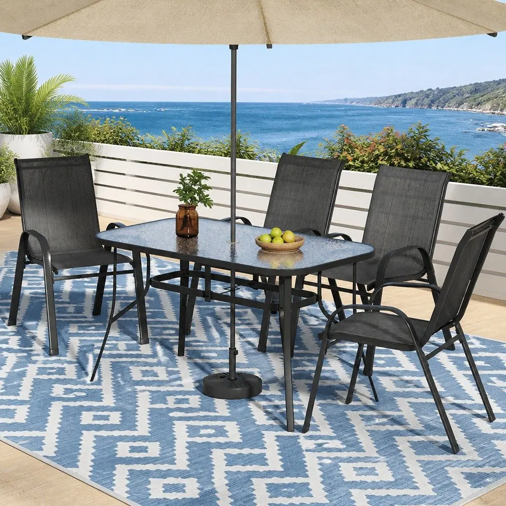 5 Piece Dining Set Outdoor Black Stackable Chairs Tempered Glass Table Steel Frame