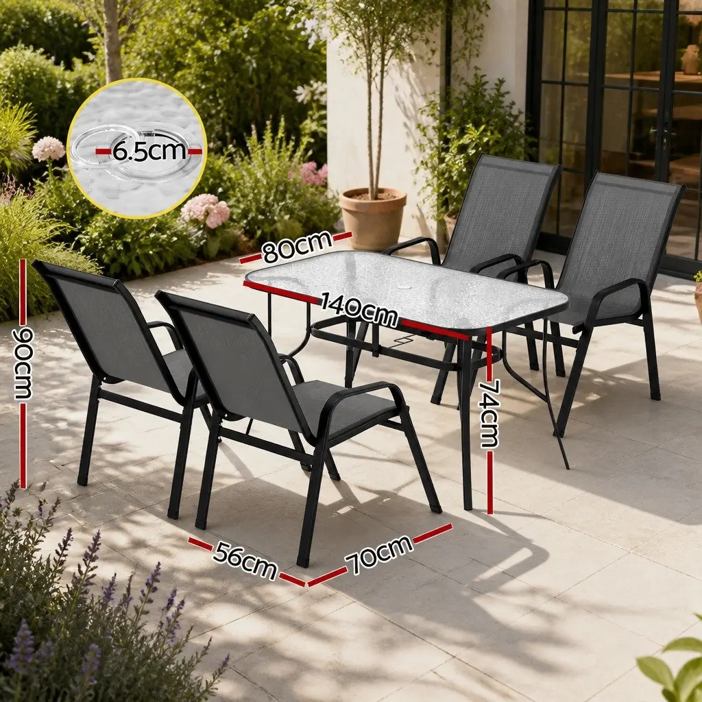 Outdoor Dining Set Grey 5 Piece Stackable Chairs Tempered Glass Table