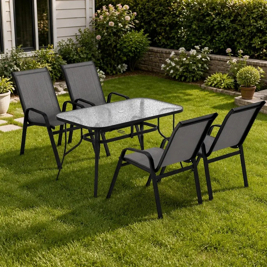 Outdoor Dining Set Grey 5 Piece Stackable Chairs Tempered Glass Table