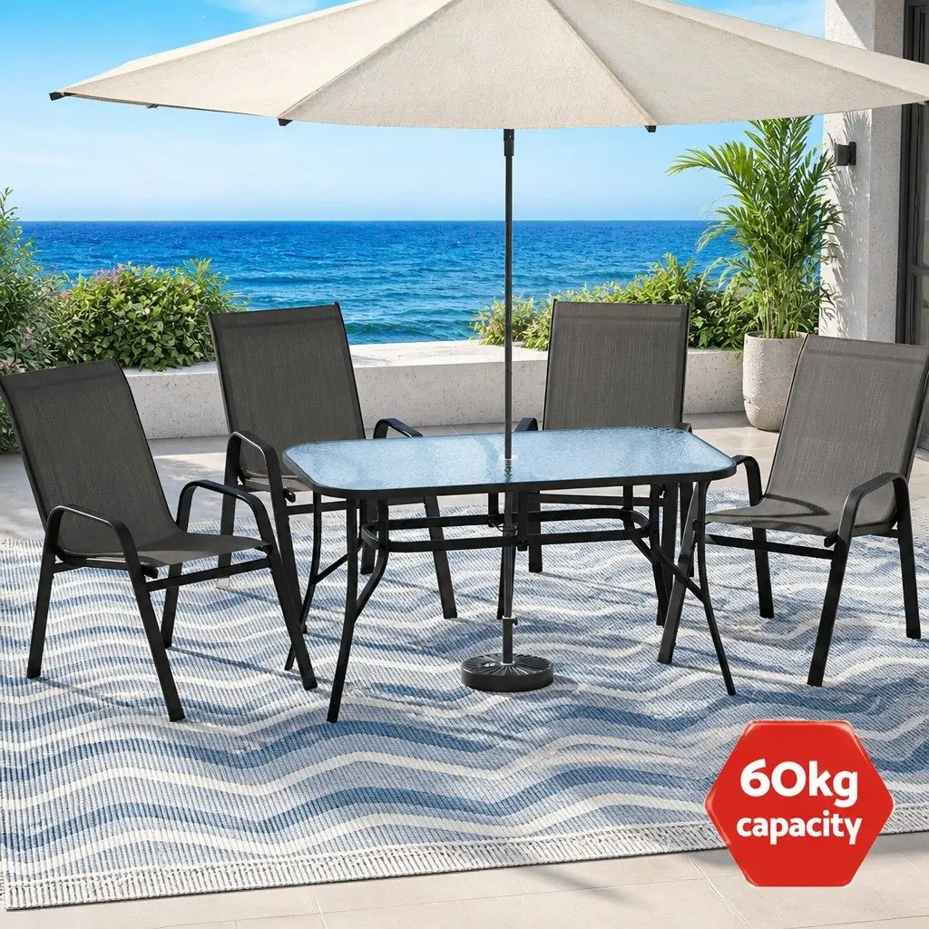 Outdoor Dining Set Grey 5 Piece Stackable Chairs Tempered Glass Table