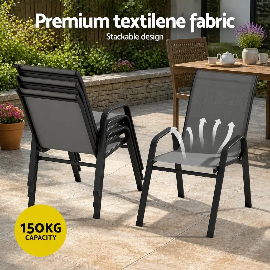 Outdoor Dining Set Grey 5 Piece Stackable Chairs Tempered Glass Table