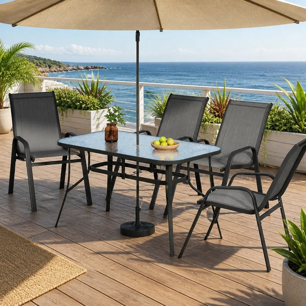 Outdoor Dining Set Grey 5 Piece Stackable Chairs Tempered Glass Table
