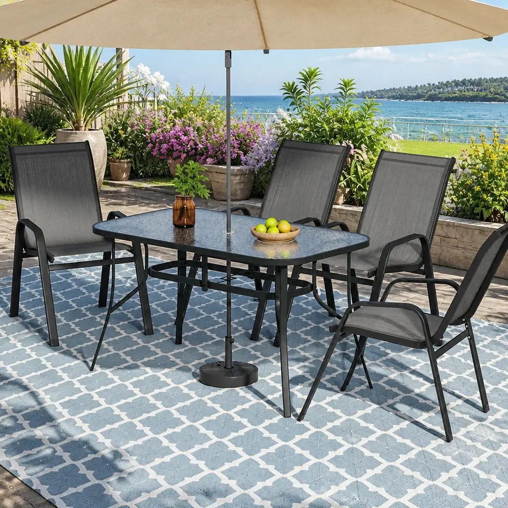 Outdoor Dining Set Grey 5 Piece Stackable Chairs Tempered Glass Table