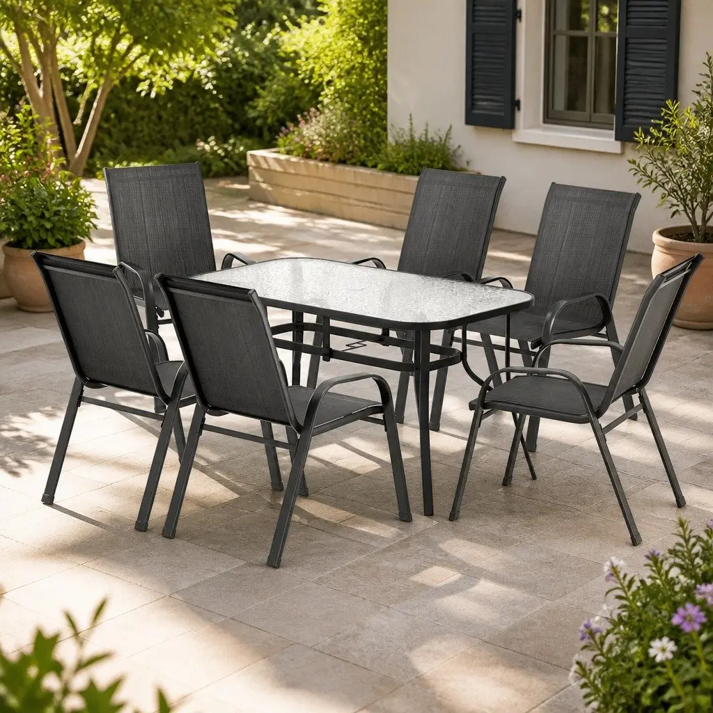 7 Piece Outdoor Dining Set Black Tempered Glass Table Stackable Chairs Patio Garden Furniture