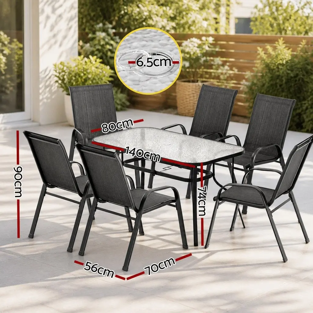 7 Piece Outdoor Dining Set Black Tempered Glass Table Stackable Chairs Patio Garden Furniture