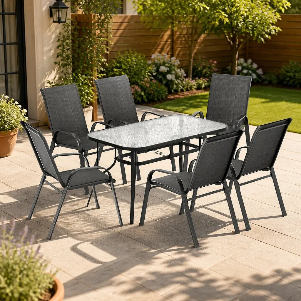 7 Piece Outdoor Dining Set Black Tempered Glass Table Stackable Chairs Patio Garden Furniture