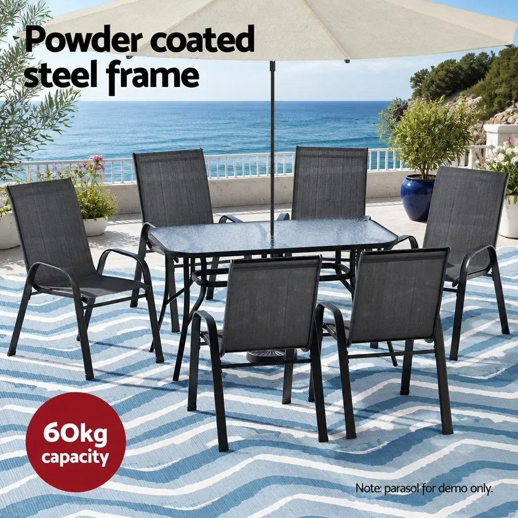 7 Piece Outdoor Dining Set Black Tempered Glass Table Stackable Chairs Patio Garden Furniture