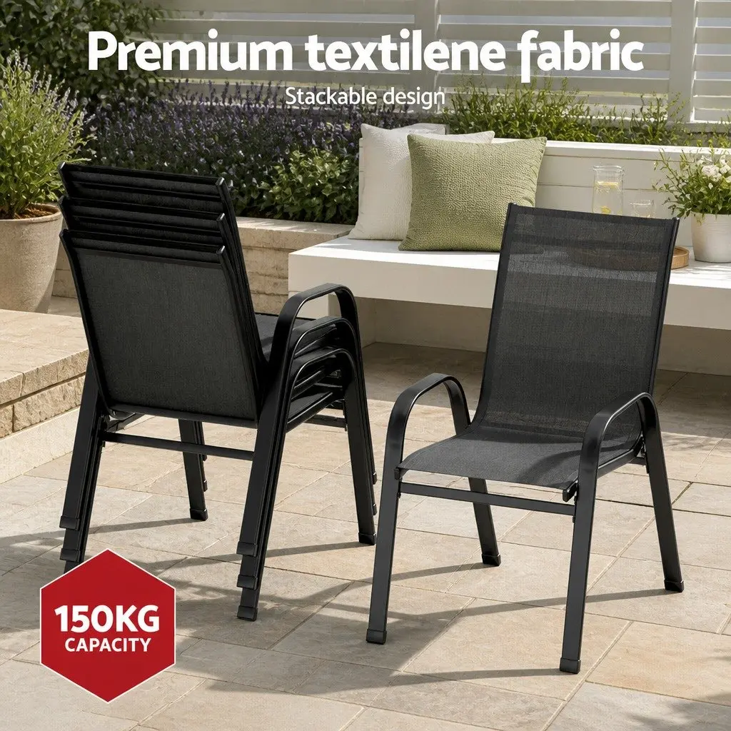 7 Piece Outdoor Dining Set Black Tempered Glass Table Stackable Chairs Patio Garden Furniture
