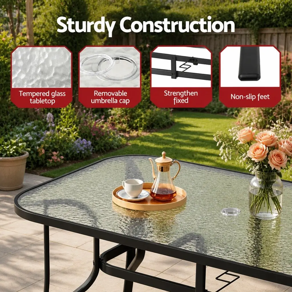 7 Piece Outdoor Dining Set Black Tempered Glass Table Stackable Chairs Patio Garden Furniture