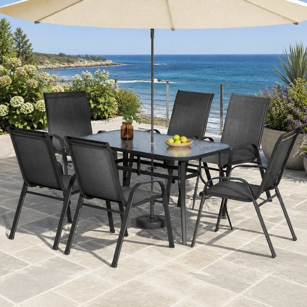 7 Piece Outdoor Dining Set Black Tempered Glass Table Stackable Chairs Patio Garden Furniture
