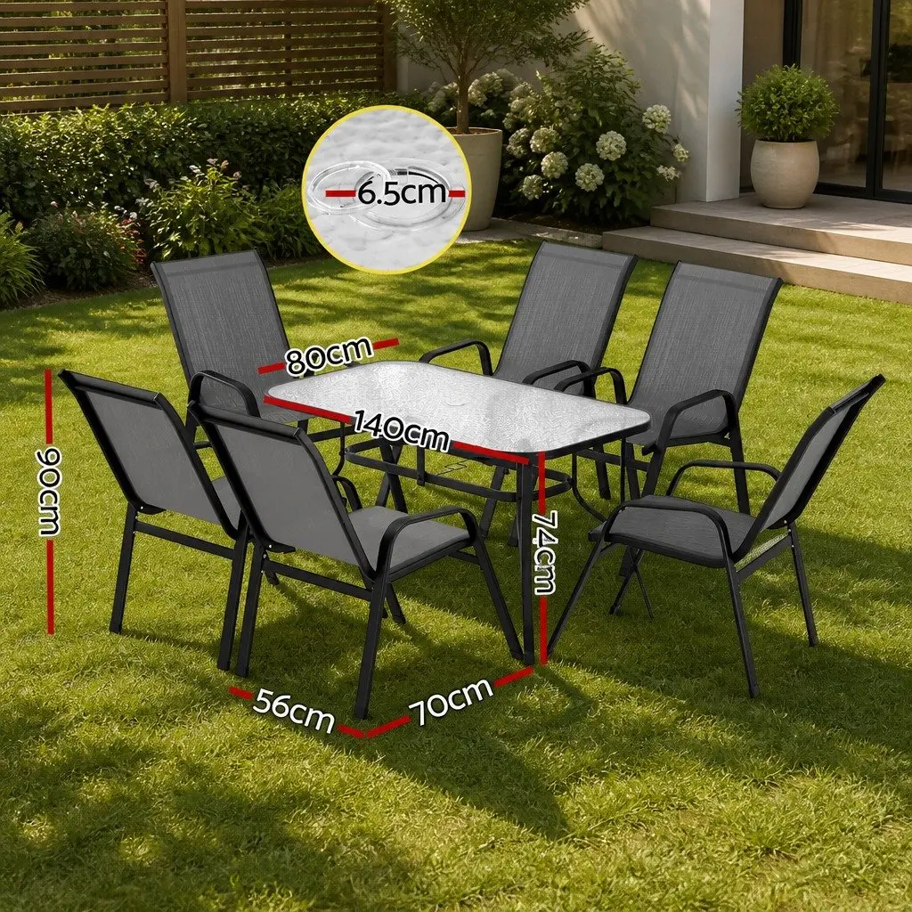 7 Piece Outdoor Dining Set Black Glass Table Stackable Mesh Chairs Patio Furniture