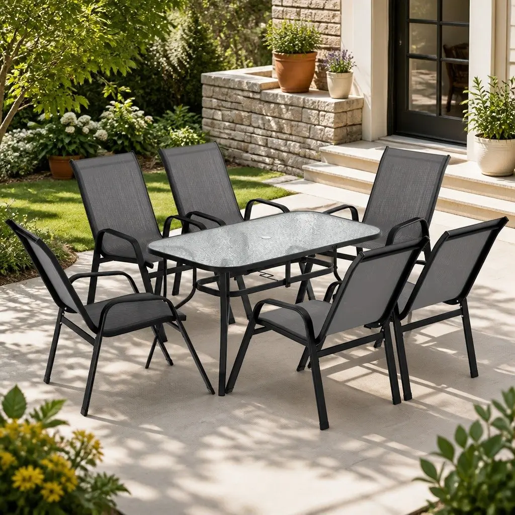7 Piece Outdoor Dining Set Black Glass Table Stackable Mesh Chairs Patio Furniture