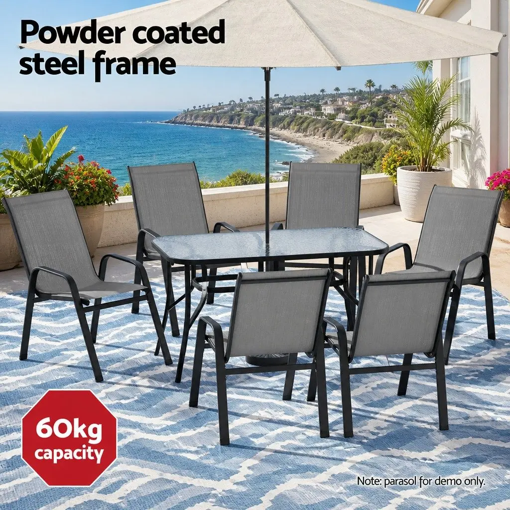 7 Piece Outdoor Dining Set Black Glass Table Stackable Mesh Chairs Patio Furniture