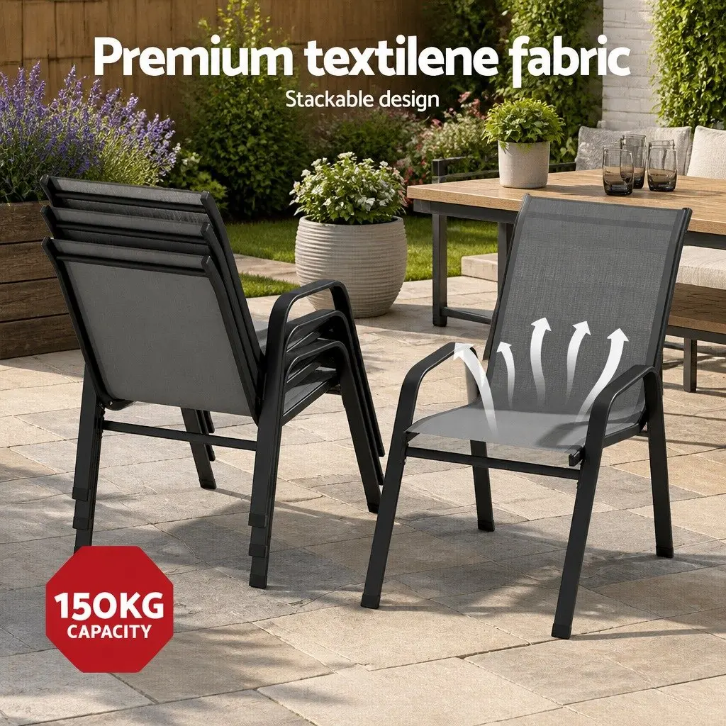 7 Piece Outdoor Dining Set Black Glass Table Stackable Mesh Chairs Patio Furniture