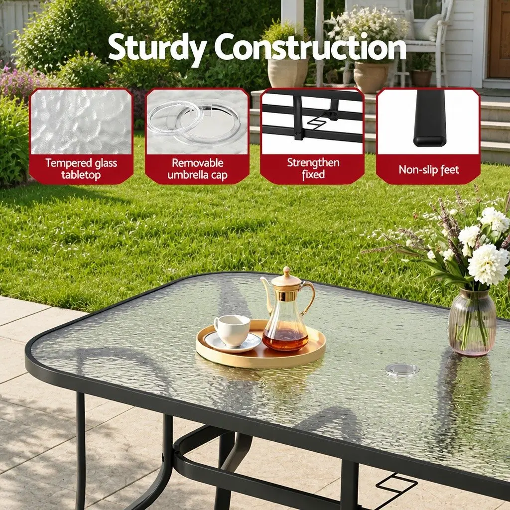 7 Piece Outdoor Dining Set Black Glass Table Stackable Mesh Chairs Patio Furniture
