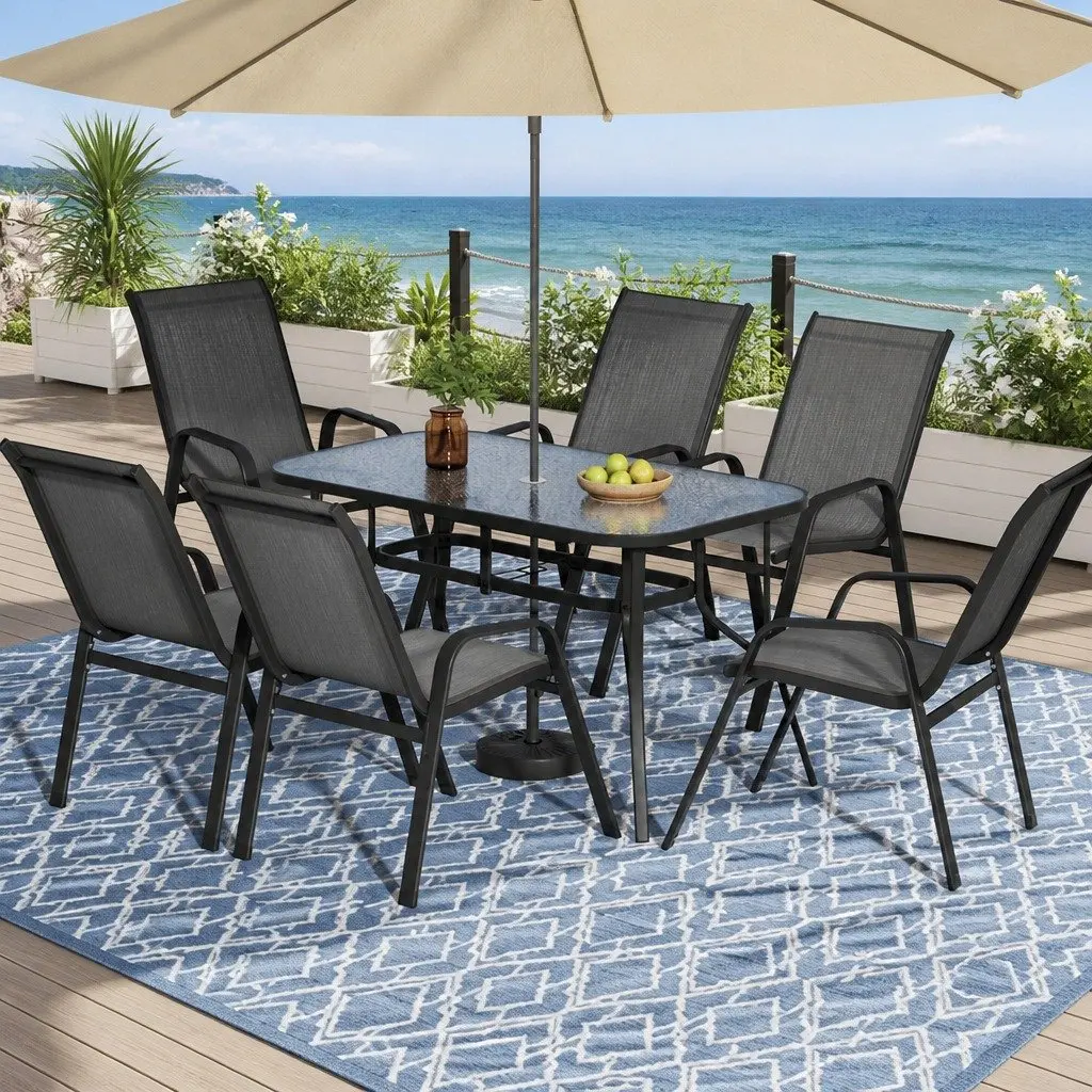 7 Piece Outdoor Dining Set Black Glass Table Stackable Mesh Chairs Patio Furniture