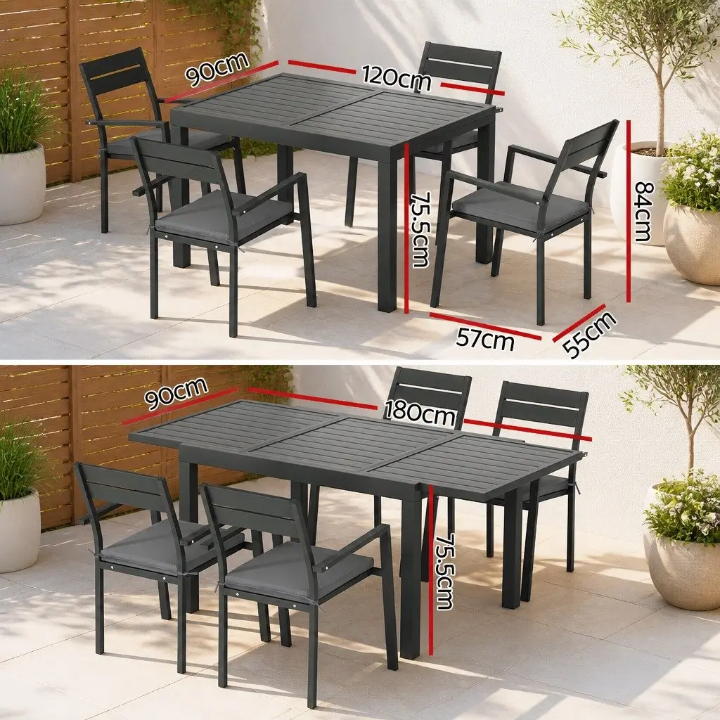 Outdoor Dining Set Black 5 Piece Extendable Table Aluminium Frame 4-6 Seat Patio