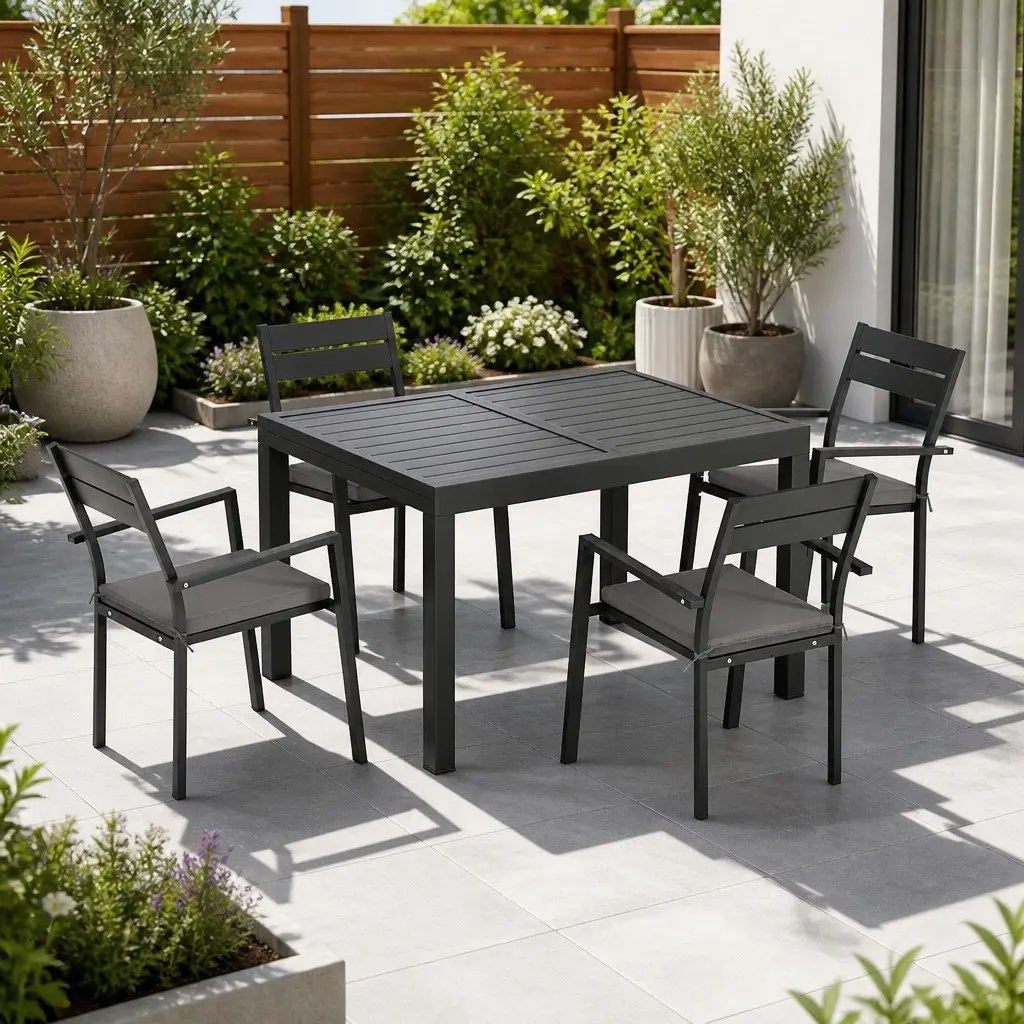 Outdoor Dining Set Black 5 Piece Extendable Table Aluminium Frame 4-6 Seat Patio