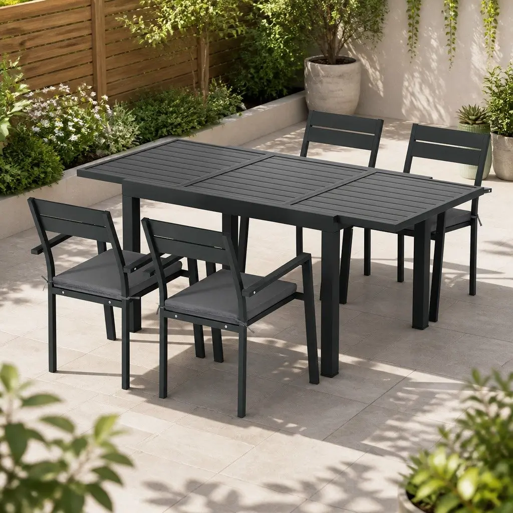 Outdoor Dining Set Black 5 Piece Extendable Table Aluminium Frame 4-6 Seat Patio
