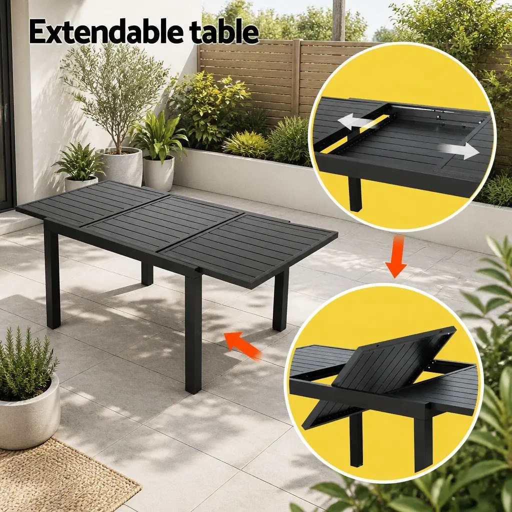 Outdoor Dining Set Black 5 Piece Extendable Table Aluminium Frame 4-6 Seat Patio