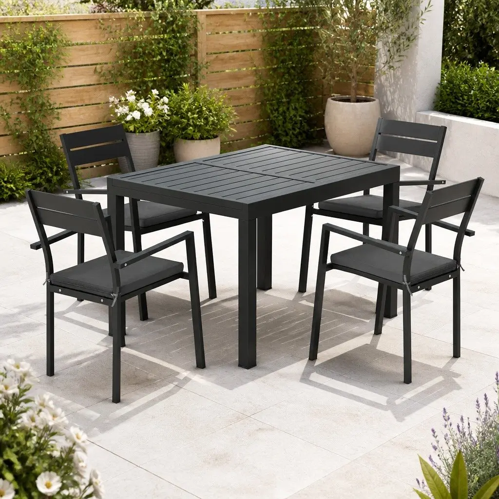 Outdoor Dining Set Black 5 Piece Extendable Table Aluminium Frame 4-6 Seat Patio