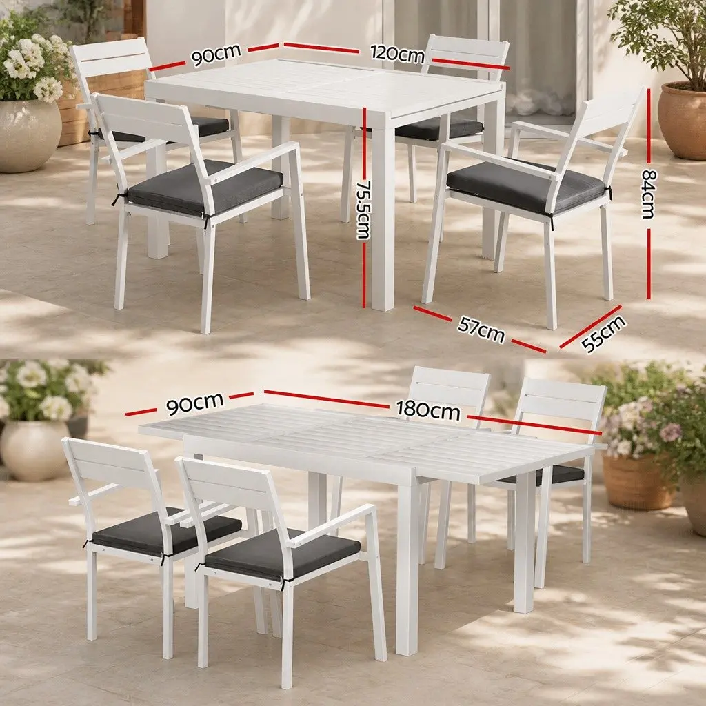Outdoor Dining Set White Grey 5 Piece Extendable Table Chairs with Cushions