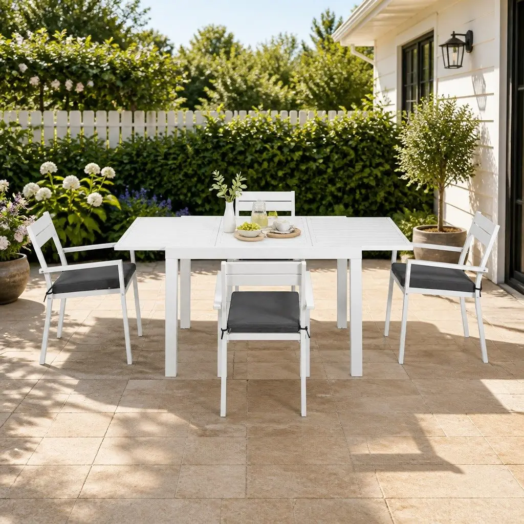 Outdoor Dining Set White Grey 5 Piece Extendable Table Chairs with Cushions