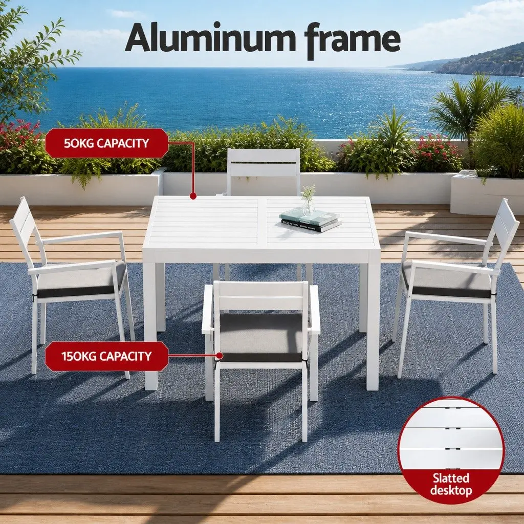 Outdoor Dining Set White Grey 5 Piece Extendable Table Chairs with Cushions