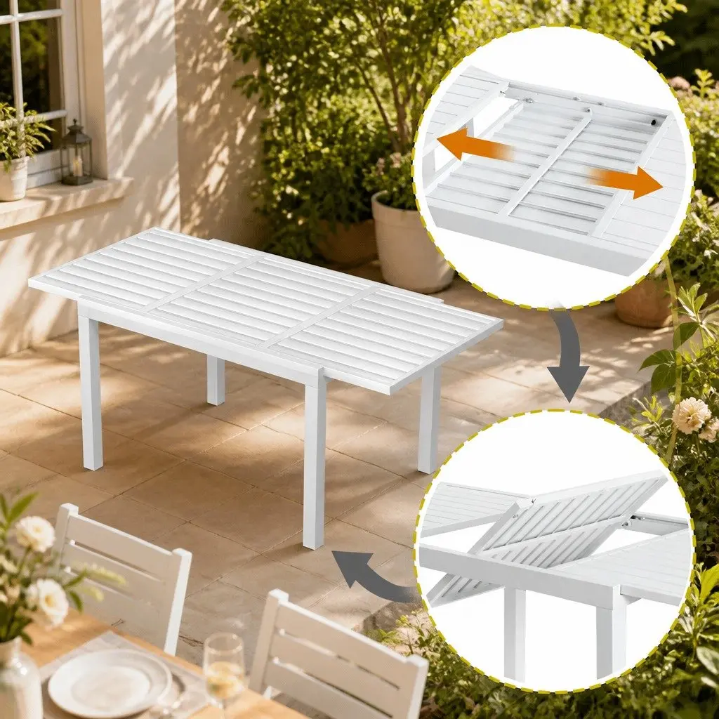 Outdoor Dining Set White Grey 5 Piece Extendable Table Chairs with Cushions