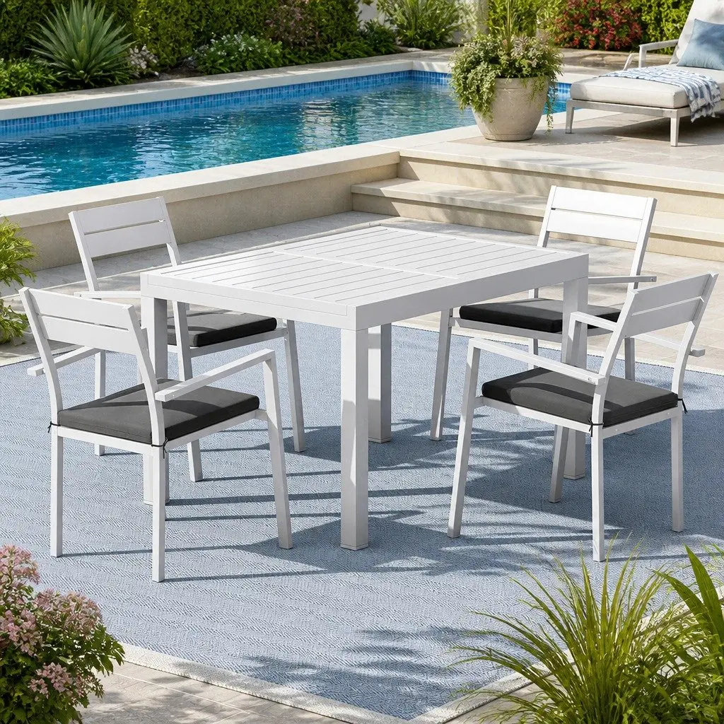Outdoor Dining Set White Grey 5 Piece Extendable Table Chairs with Cushions
