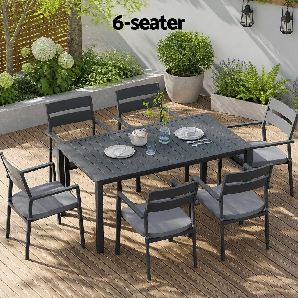 Outdoor Dining Set Black 7 Piece Aluminium Table Chairs Water-resistant Cushions