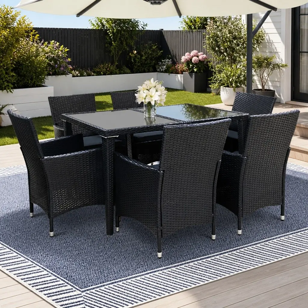 Outdoor Dining Set Black 7 Piece Wicker Lounge Chair Table UV Resistant