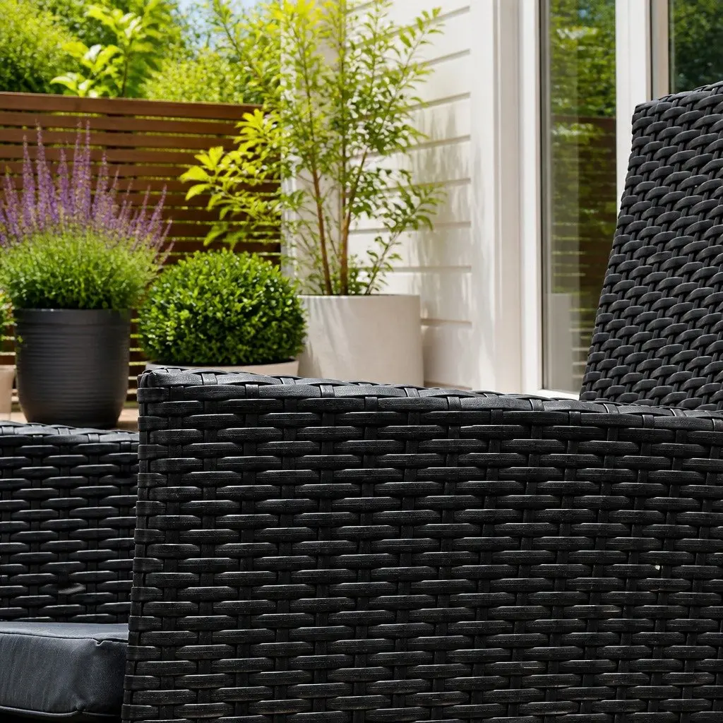 Outdoor Dining Set Black 7 Piece Wicker Lounge Chair Table UV Resistant