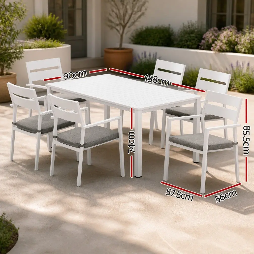 Outdoor Dining Set White 7 Piece Powder Coated Aluminum Frame with Cushions