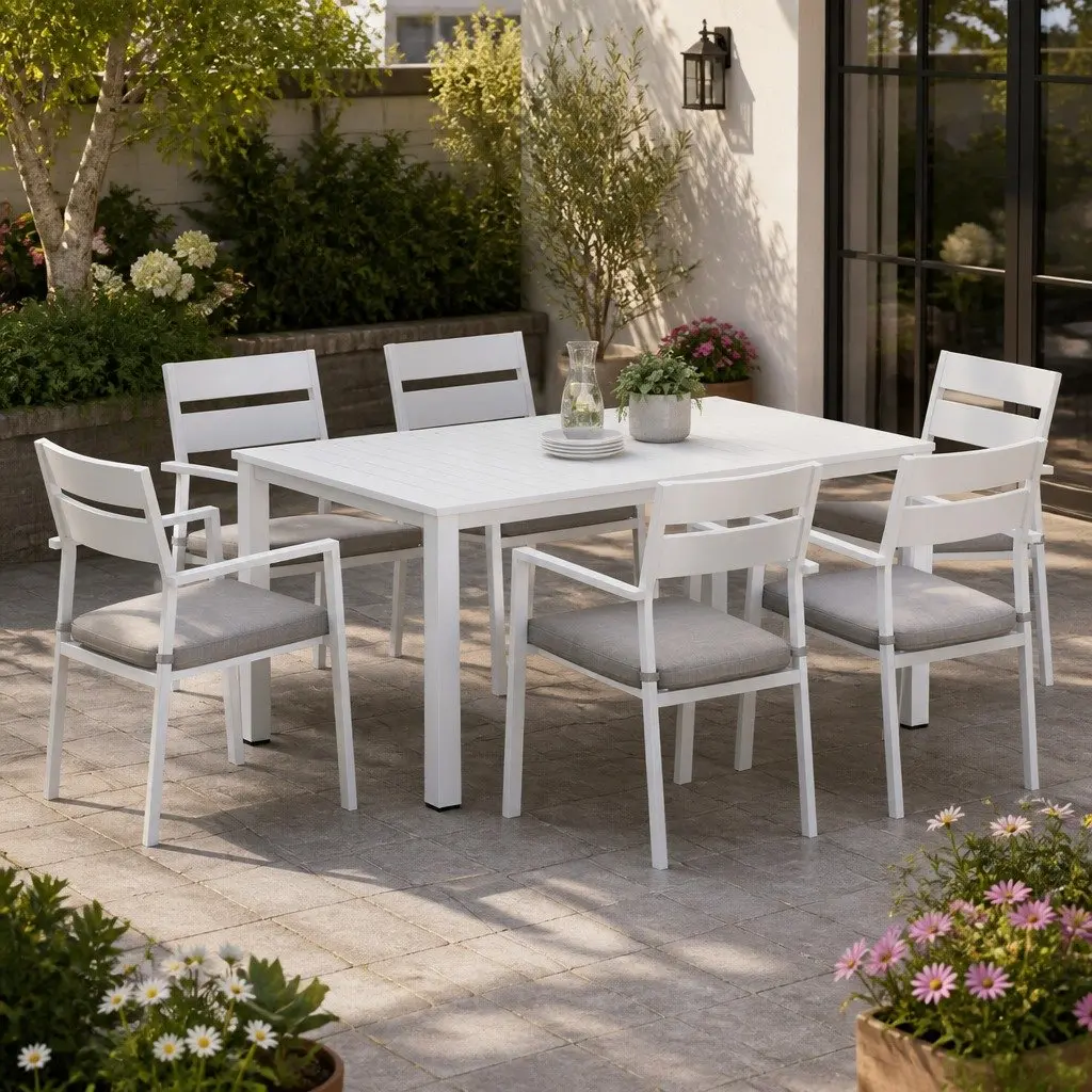 Outdoor Dining Set White 7 Piece Powder Coated Aluminum Frame with Cushions