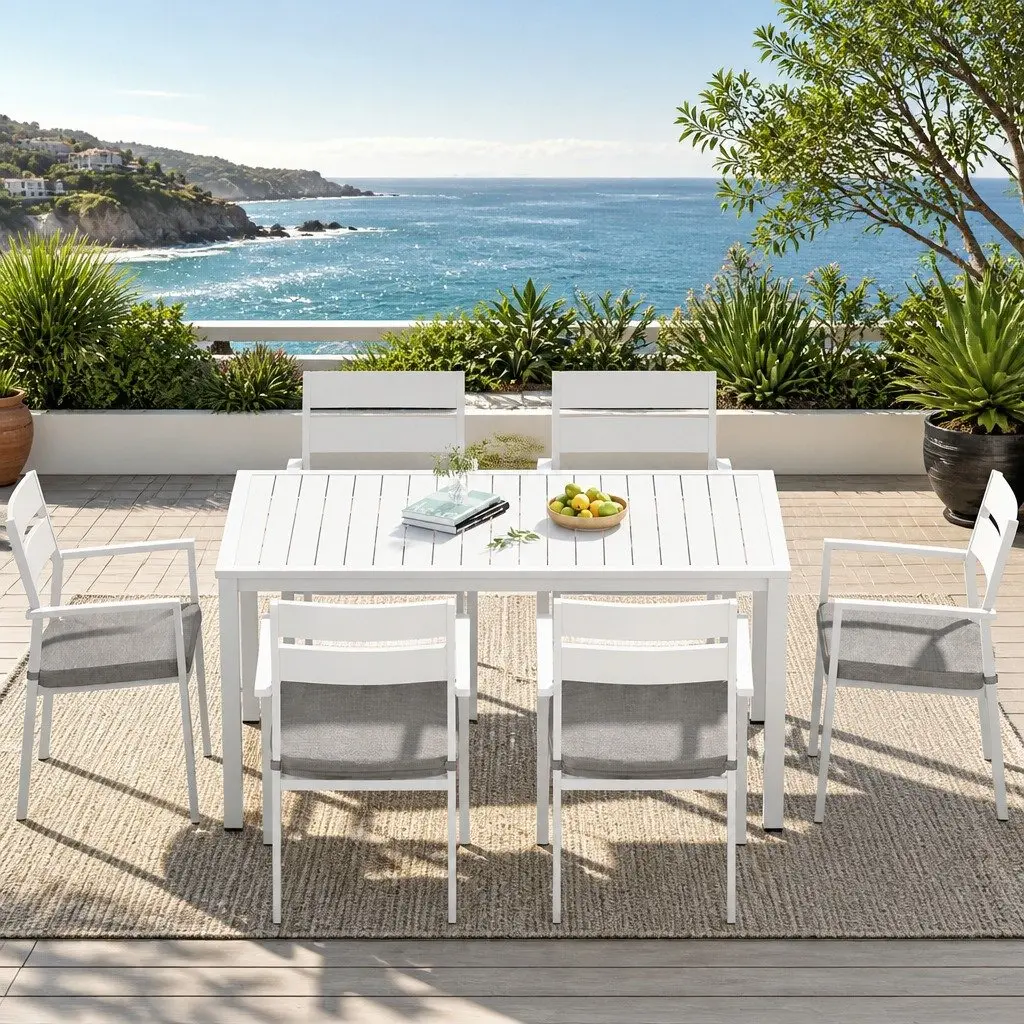 Outdoor Dining Set White 7 Piece Powder Coated Aluminum Frame with Cushions
