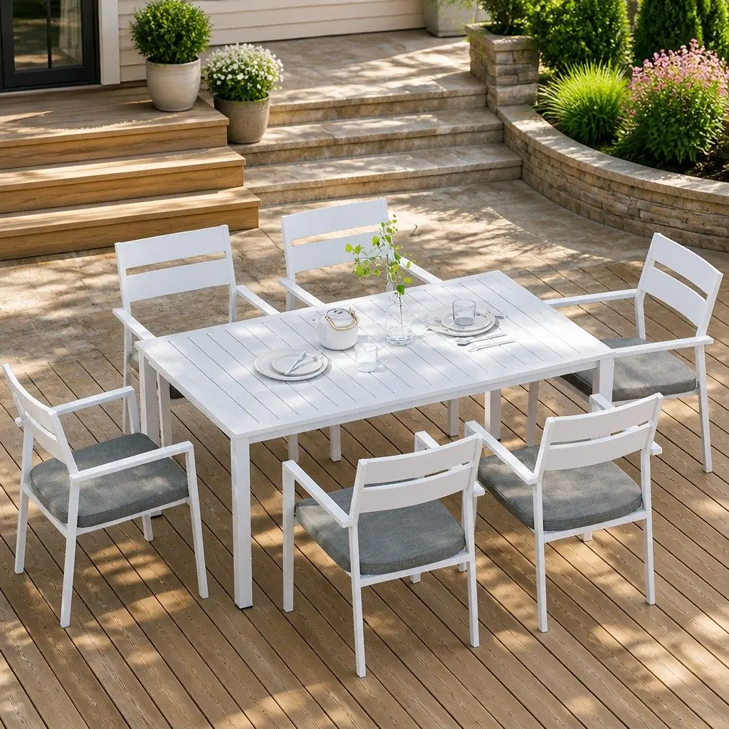Outdoor Dining Set White 7 Piece Powder Coated Aluminum Frame with Cushions