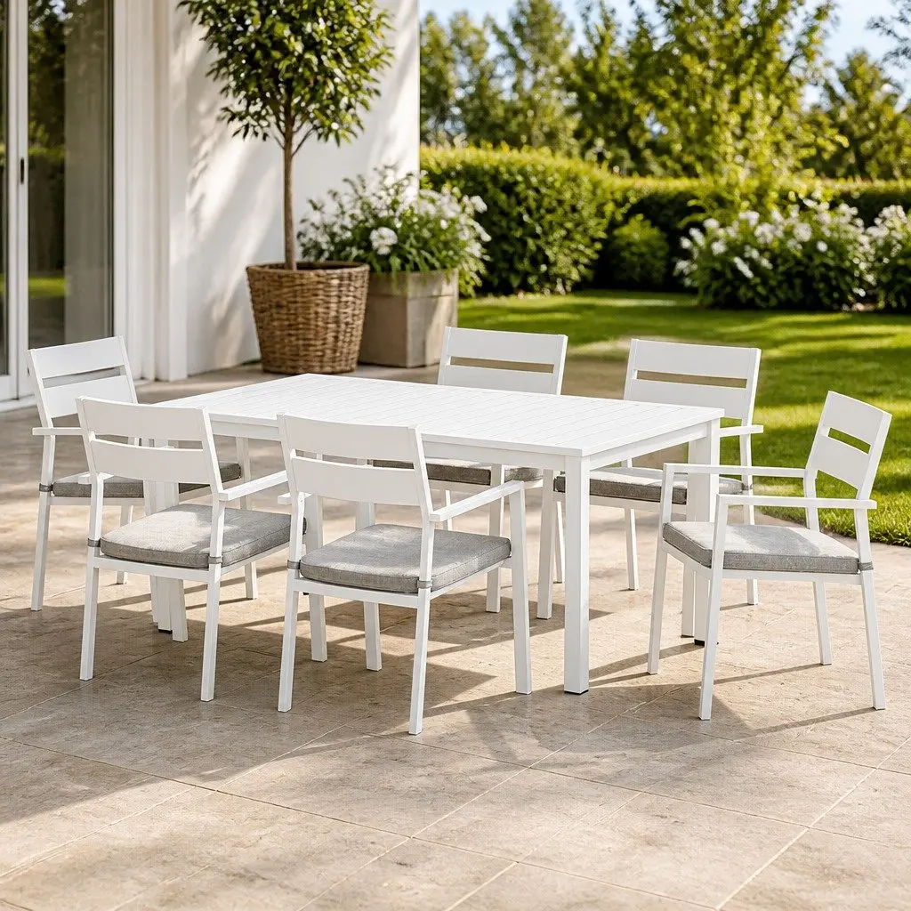Outdoor Dining Set White 7 Piece Powder Coated Aluminum Frame with Cushions